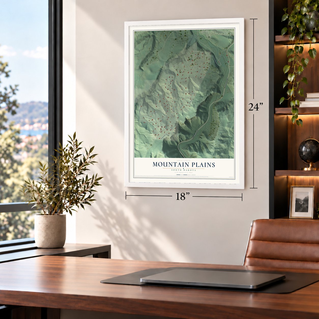 Mountain Plains, South Dakota map, 18 x 24 inch print in a white frame in a home office