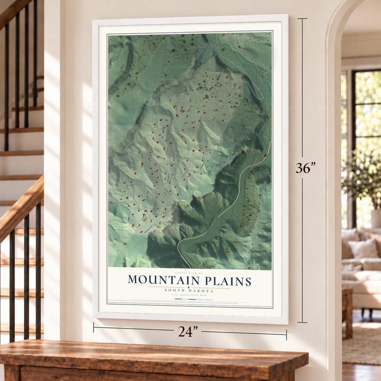 Mountain Plains, South Dakota map, 24 x 36 inch print in a white frame by a staircase