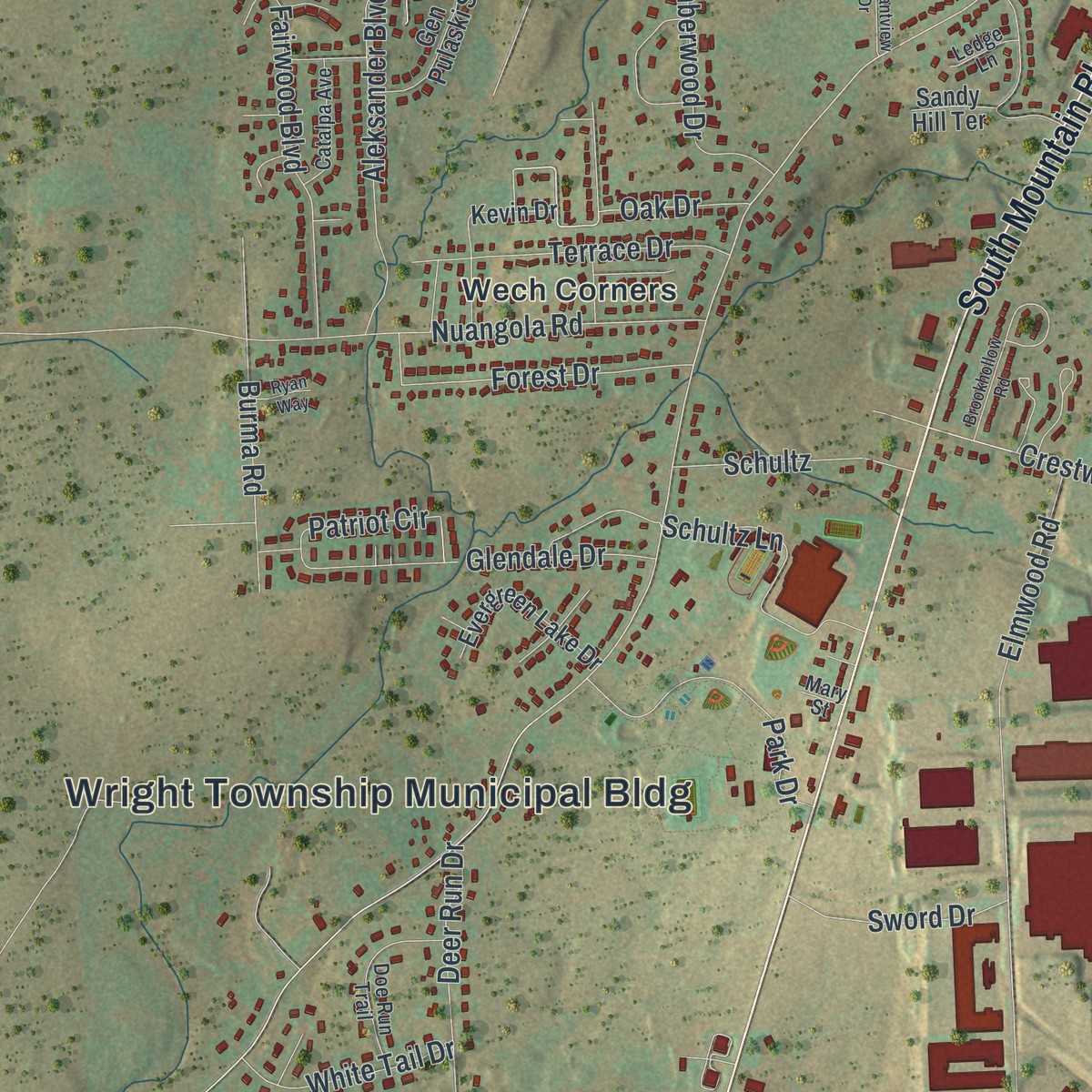 Second close-up of the map of Mountain Top, Pennsylvania print showing more streets and buildings