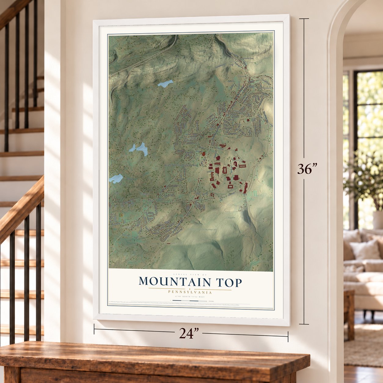 Mountain Top, Pennsylvania map, 24 x 36 inch print in a white frame by a staircase