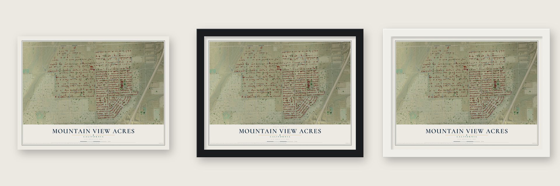 Mountain View Acres, California map unframed, in a black wood frame and in a white wood frame
