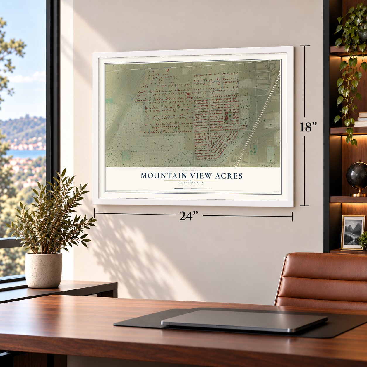 Mountain View Acres, California map, 18 x 24 inch print in a white frame in a home office