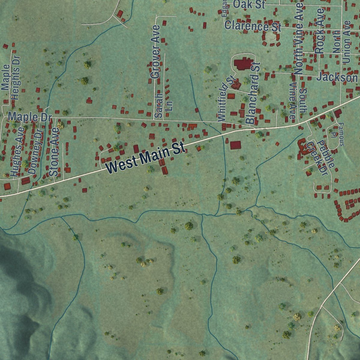 Second close-up of the map of Mountain View, Arkansas print showing more streets and buildings