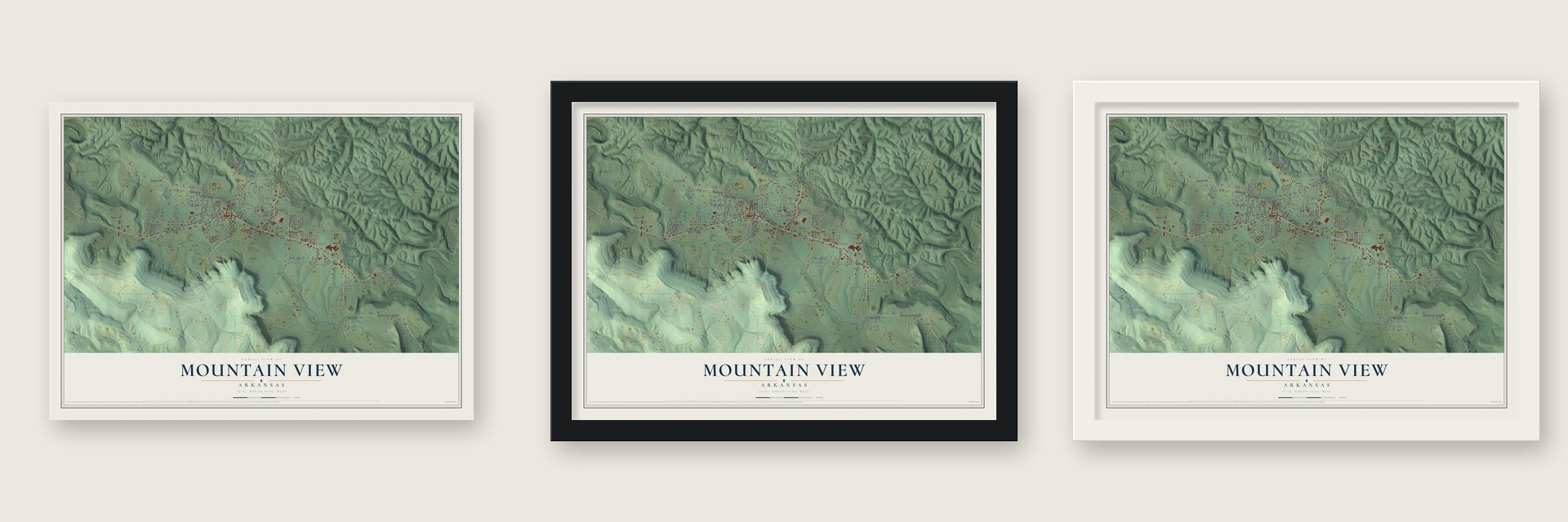 Mountain View, Arkansas map unframed, in a black wood frame and in a white wood frame