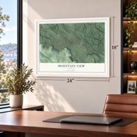 Mountain View, Arkansas map, 18 x 24 inch print in a white frame in a home office