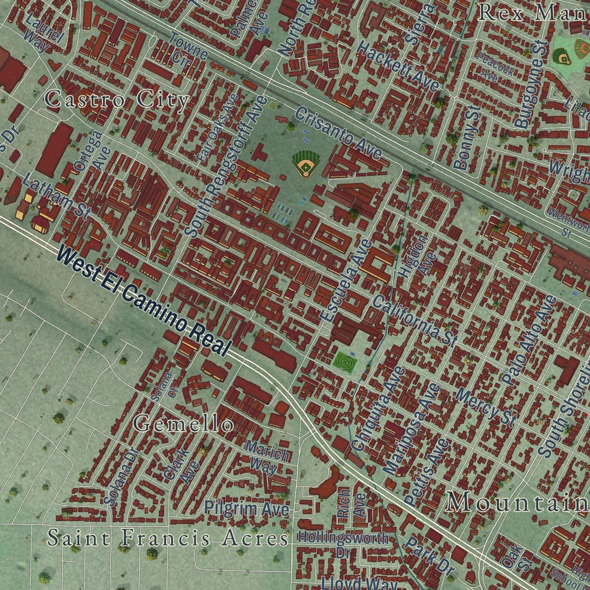 Second close-up of the map of Mountain View, California print showing more streets and buildings