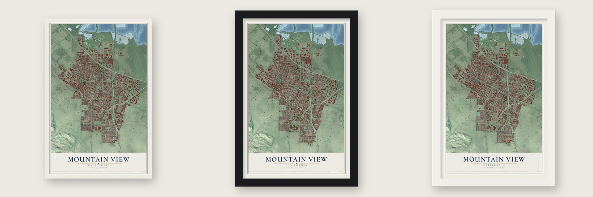 Mountain View, California map unframed, in a black wood frame and in a white wood frame
