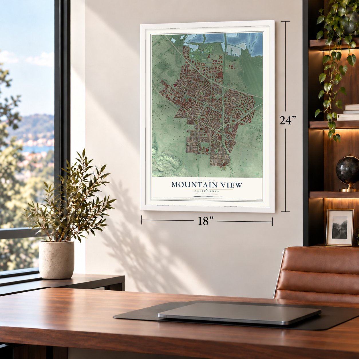 Mountain View, California map, 18 x 24 inch print in a white frame in a home office