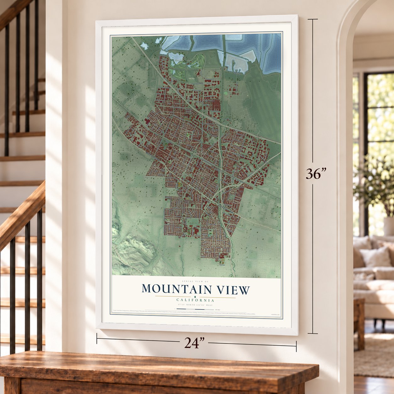 Mountain View, California map, 24 x 36 inch print in a white frame by a staircase