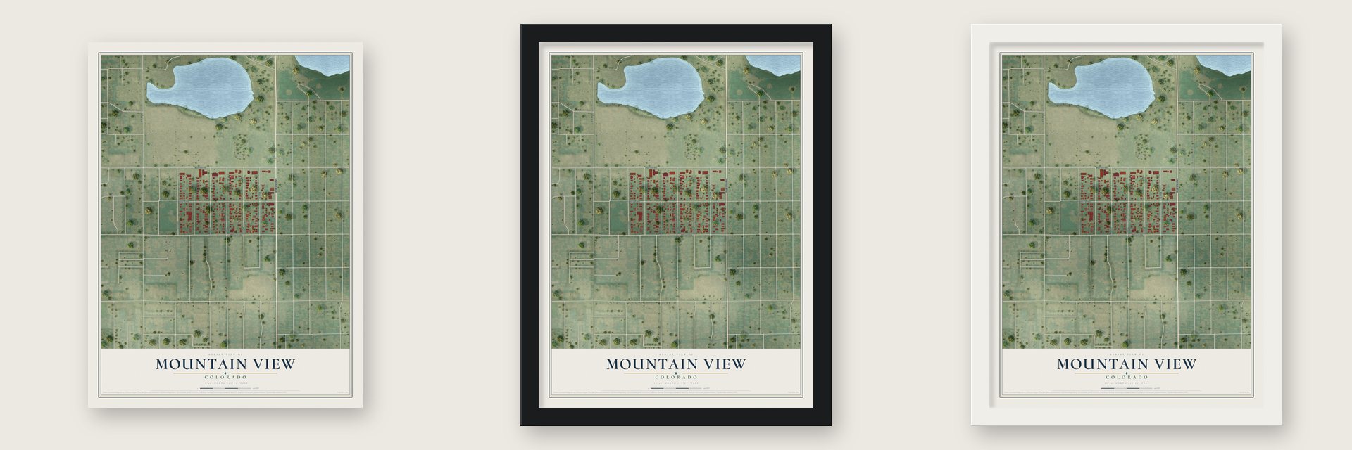 Mountain View, Colorado map unframed, in a black wood frame and in a white wood frame