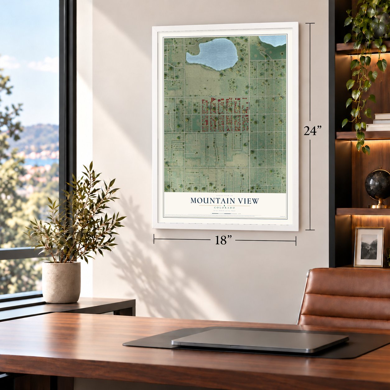 Mountain View, Colorado map, 18 x 24 inch print in a white frame in a home office