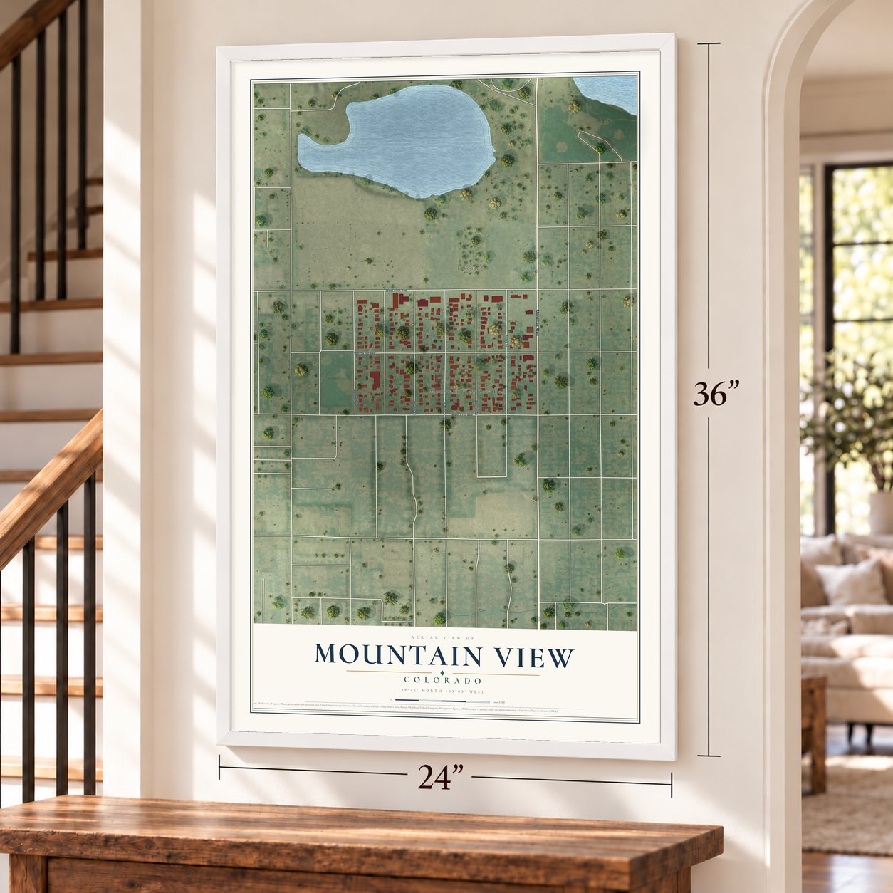 Mountain View, Colorado map, 24 x 36 inch print in a white frame by a staircase