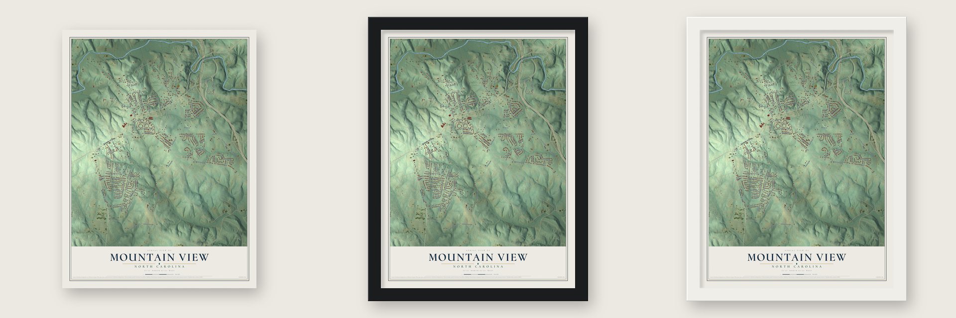 Mountain View, North Carolina map unframed, in a black wood frame and in a white wood frame