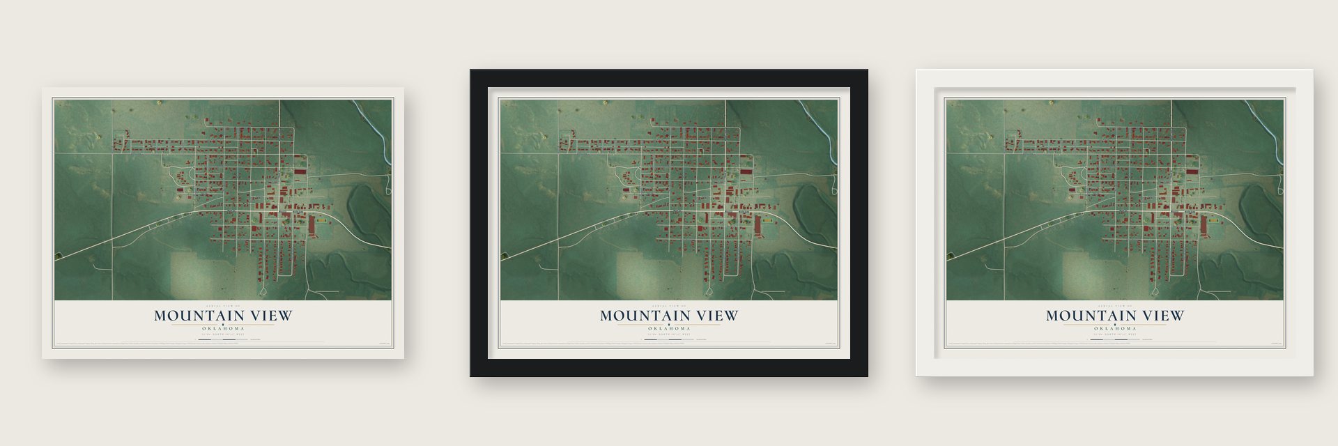Mountain View, Oklahoma map unframed, in a black wood frame and in a white wood frame