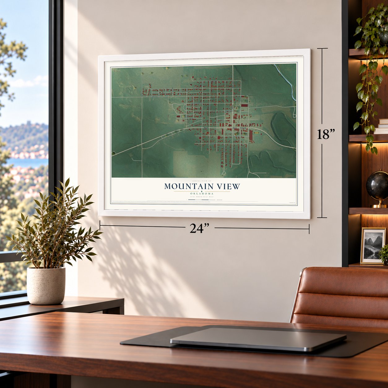Mountain View, Oklahoma map, 18 x 24 inch print in a white frame in a home office