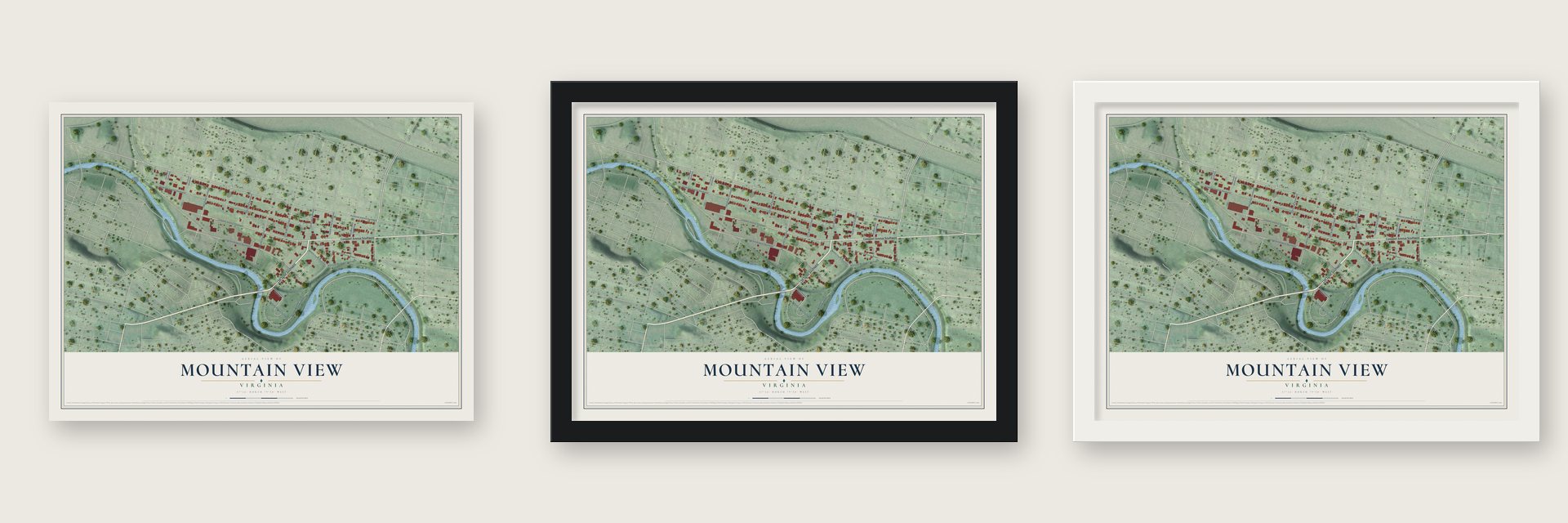 Mountain View, Roanoke, Virginia map unframed, in a black wood frame and in a white wood frame
