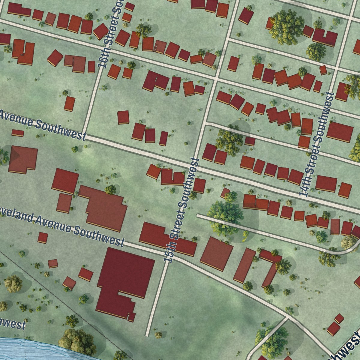 Second close-up of the map of Mountain View, Roanoke, Virginia print showing more streets and buildings