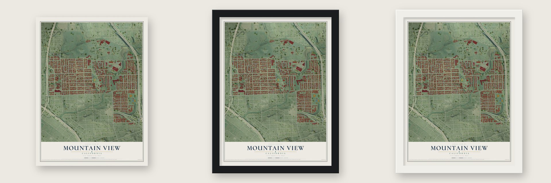 Mountain View, San Diego, California map unframed, in a black wood frame and in a white wood frame