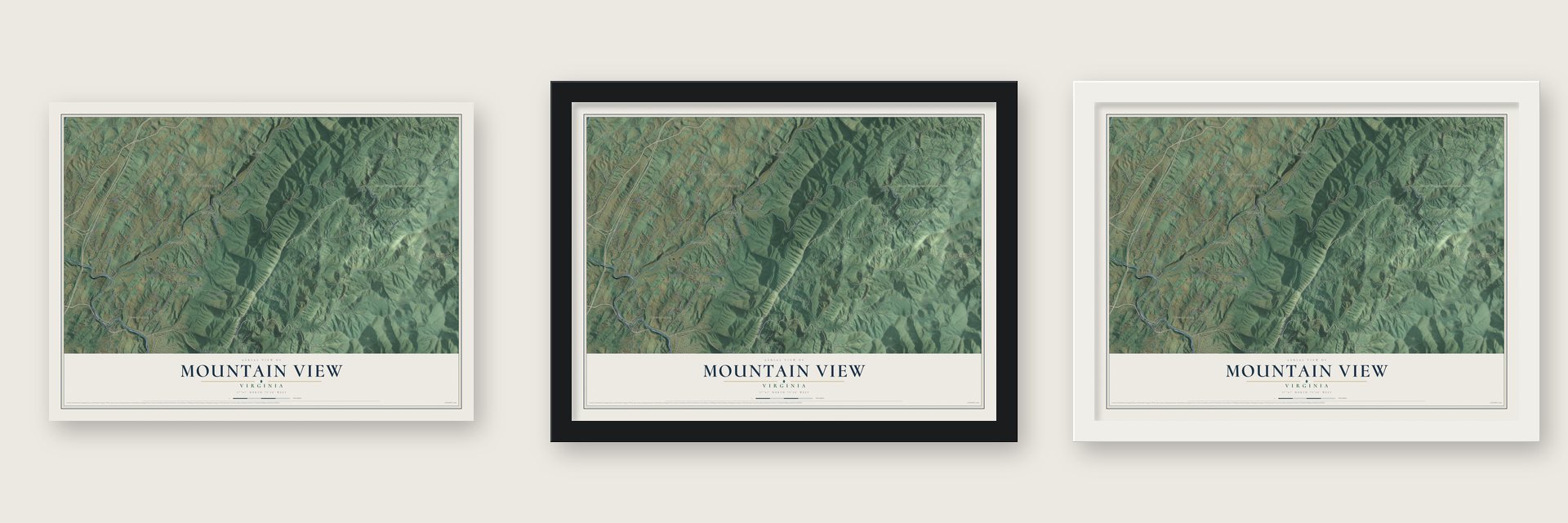 Mountain View, Rockbridge County, Virginia map unframed, in a black wood frame and in a white wood frame