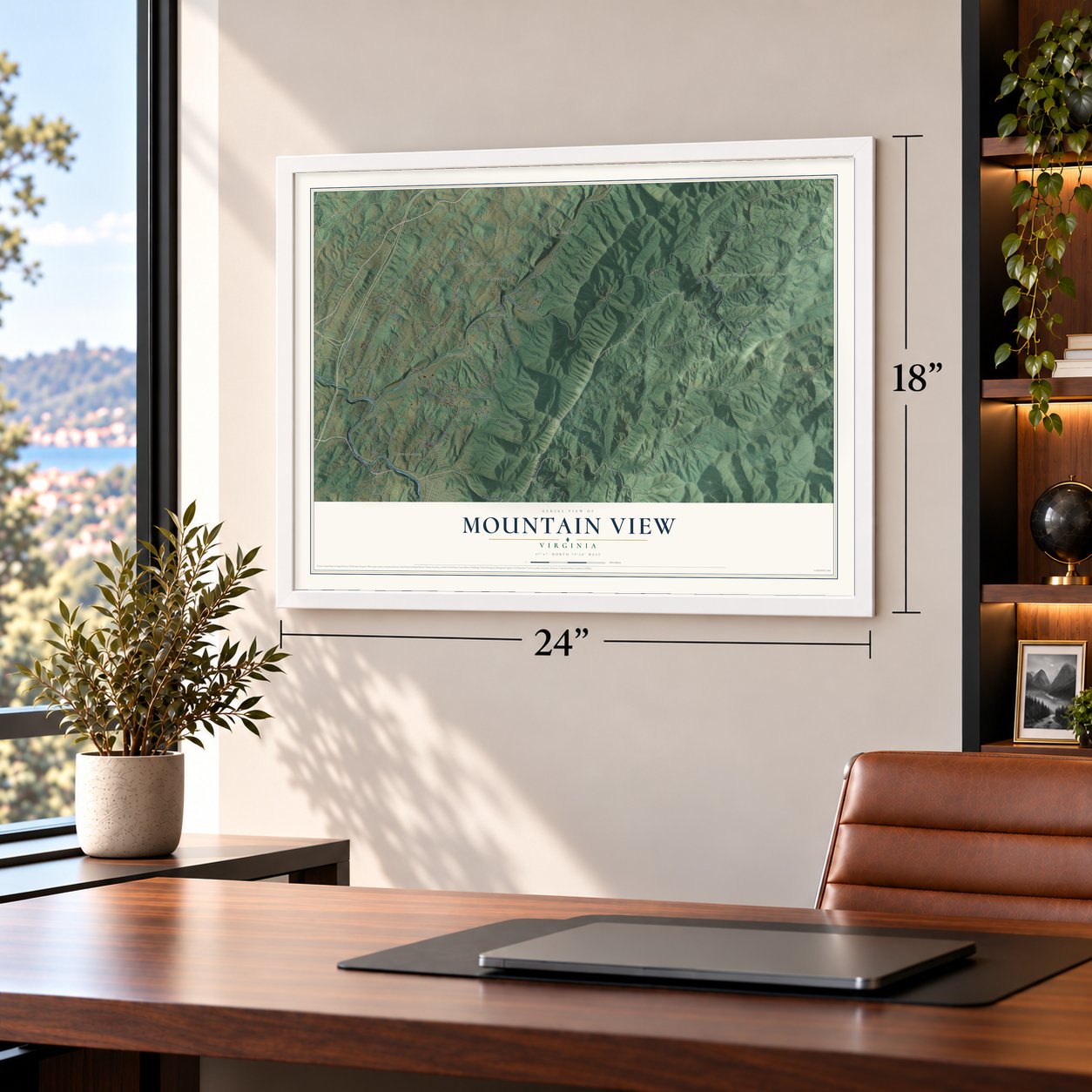 Mountain View, Rockbridge County, Virginia map, 18 x 24 inch print in a white frame in a home office