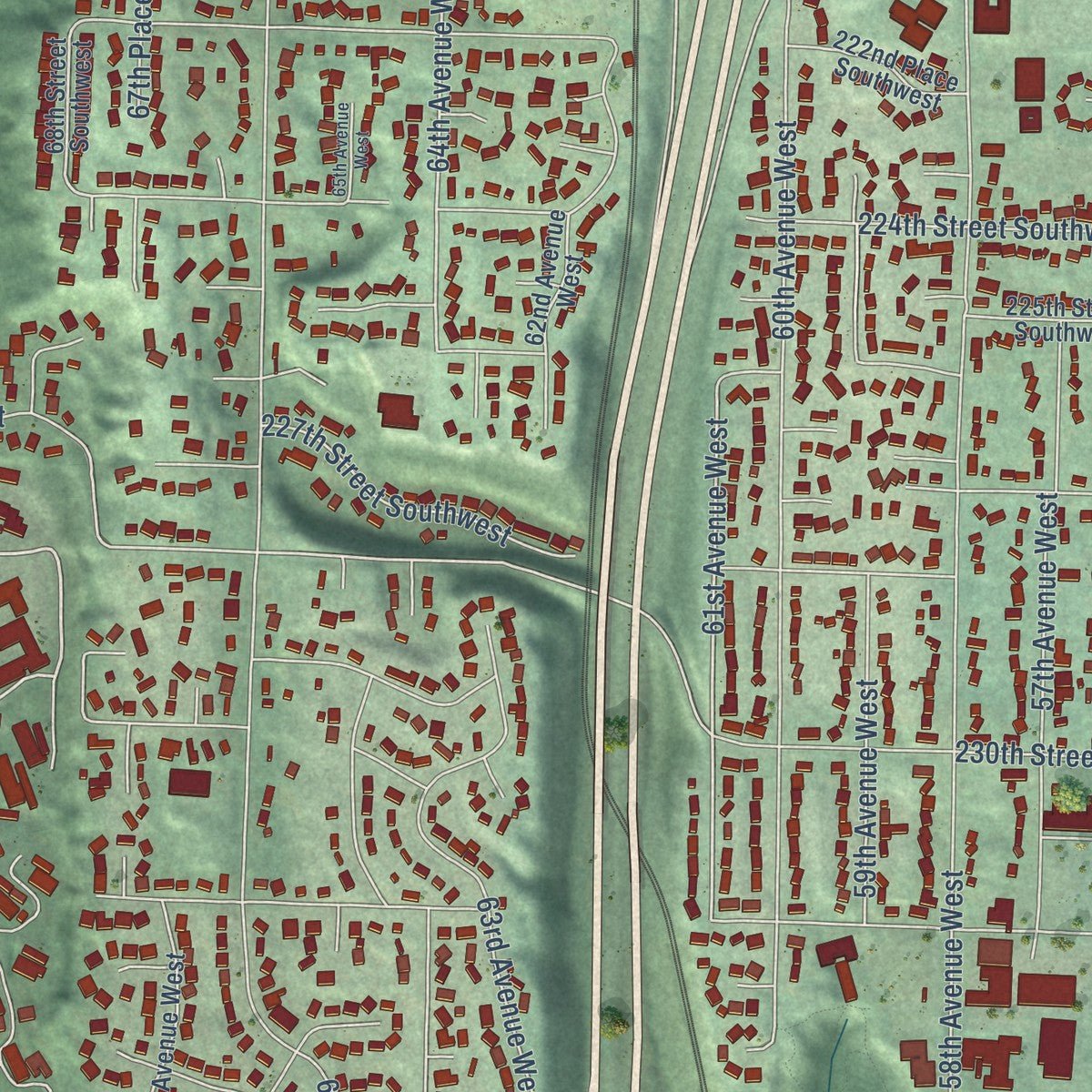 Second close-up of the map of Mountlake Terrace, Washington print showing more streets and buildings