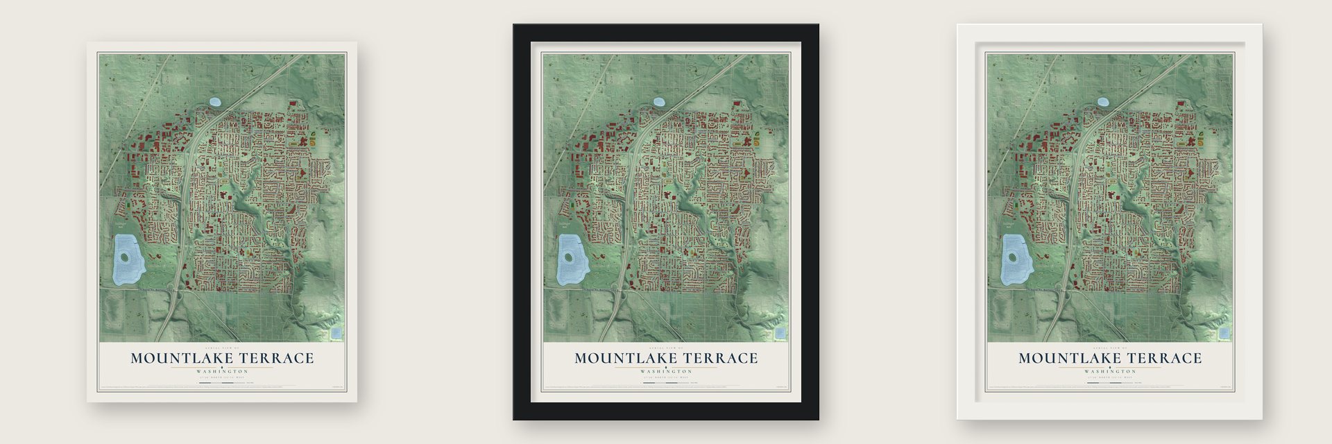 Mountlake Terrace, Washington map unframed, in a black wood frame and in a white wood frame