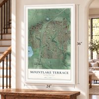 Mountlake Terrace, Washington map, 24 x 36 inch print in a white frame by a staircase