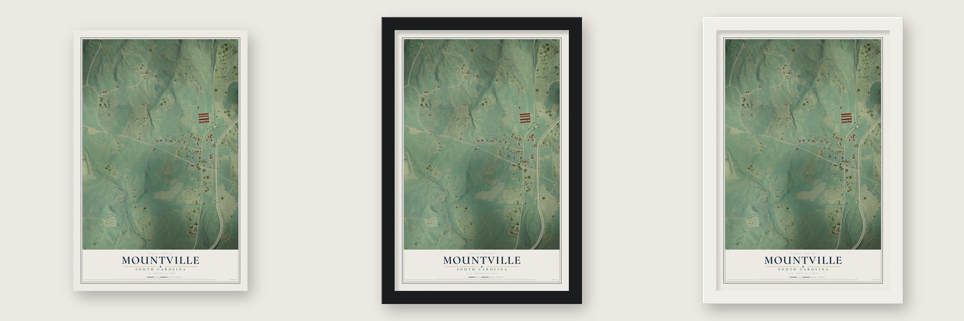 Mountville, South Carolina map unframed, in a black wood frame and in a white wood frame