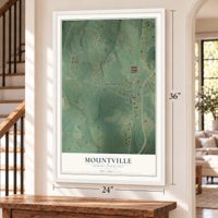 Mountville, South Carolina map, 24 x 36 inch print in a white frame by a staircase