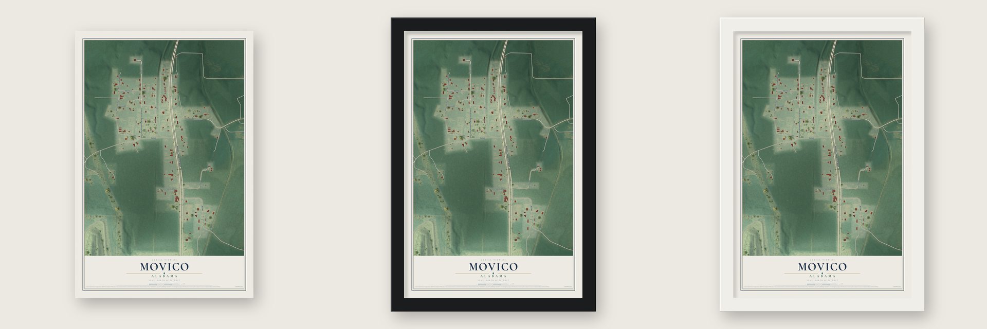 Movico, Alabama map unframed, in a black wood frame and in a white wood frame