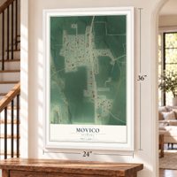 Movico, Alabama map, 24 x 36 inch print in a white frame by a staircase