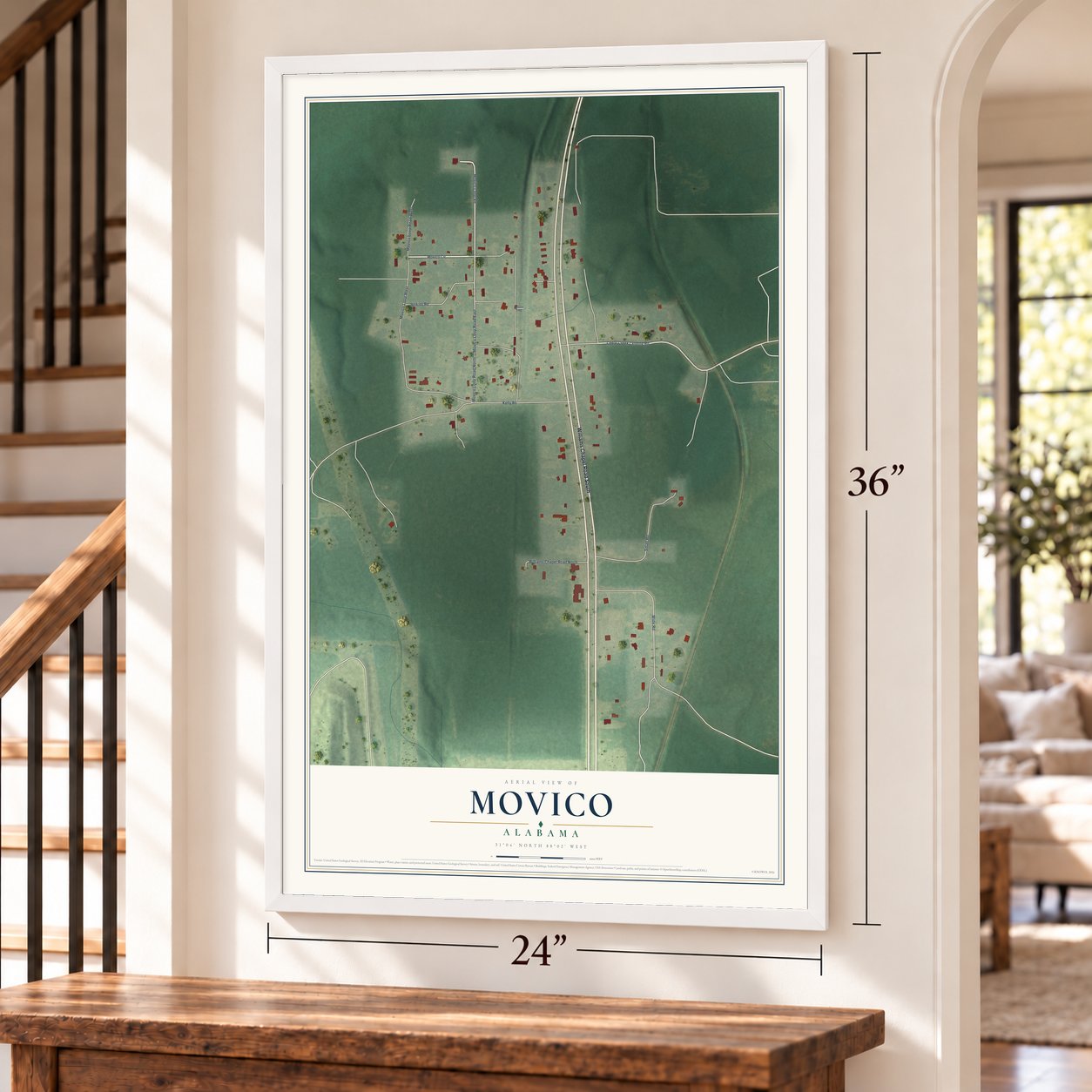 Movico, Alabama map, 24 x 36 inch print in a white frame by a staircase
