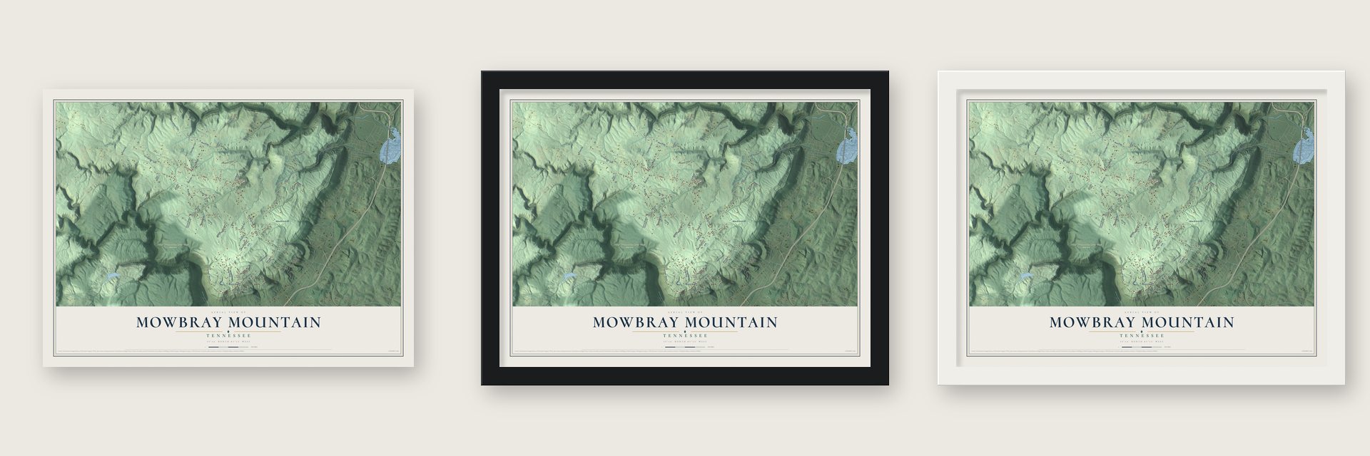Mowbray Mountain, Tennessee map unframed, in a black wood frame and in a white wood frame