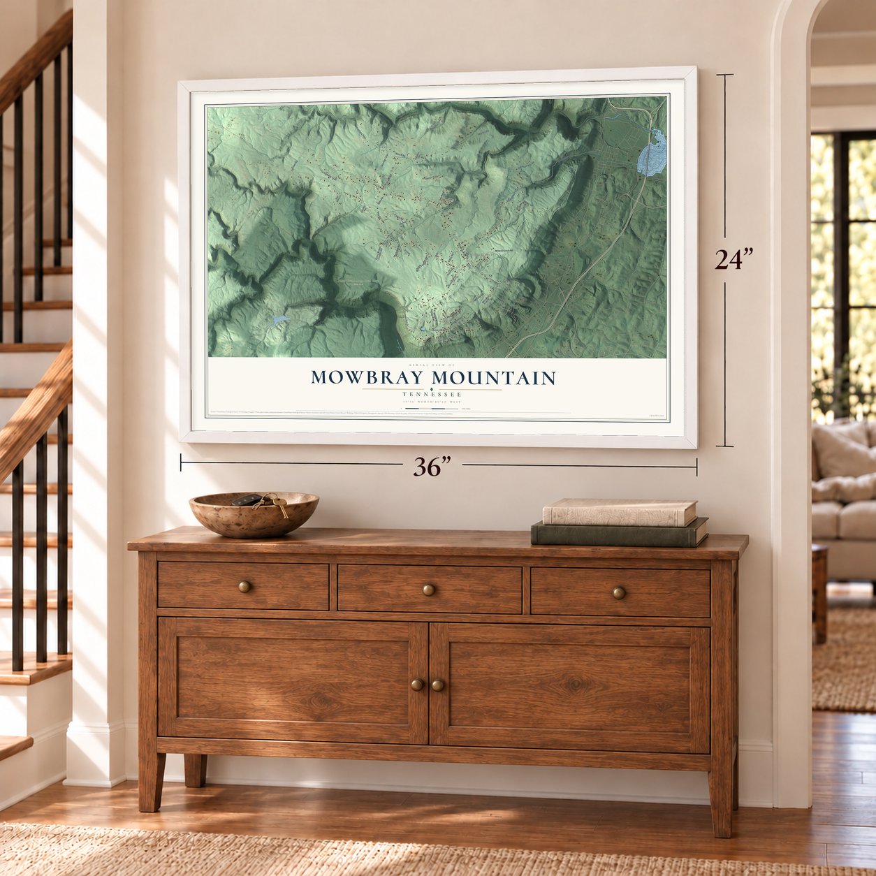Mowbray Mountain, Tennessee map, 24 x 36 inch print in a white frame above a dresser by a staircase