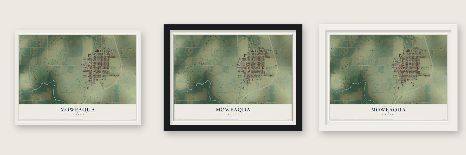 Moweaqua, Illinois map unframed, in a black wood frame and in a white wood frame