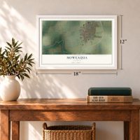 Moweaqua, Illinois map, 12 x 18 inch print in a white frame in an entryway