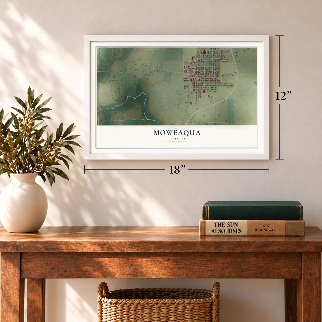 Moweaqua, Illinois map, 12 x 18 inch print in a white frame in an entryway