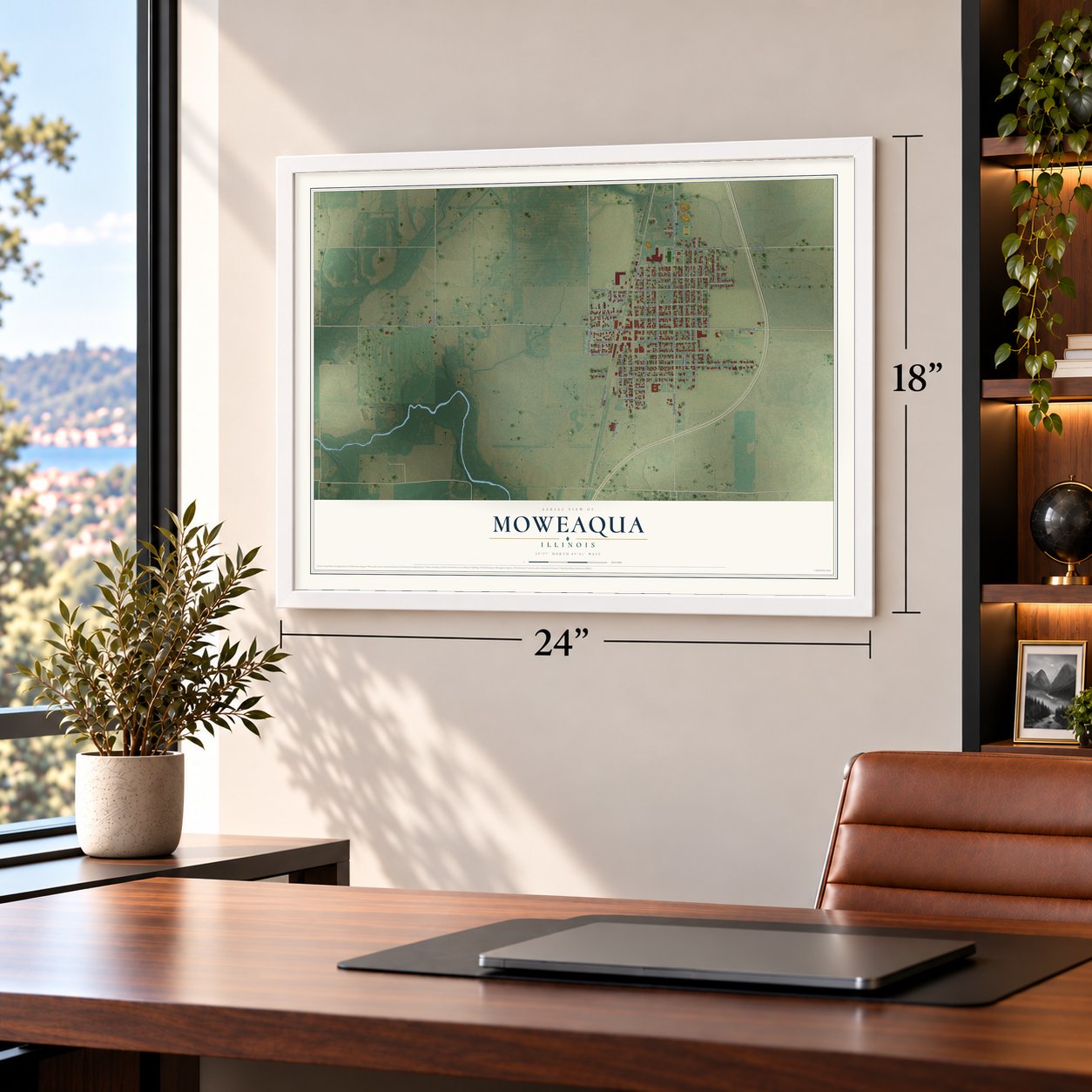 Moweaqua, Illinois map, 18 x 24 inch print in a white frame in a home office