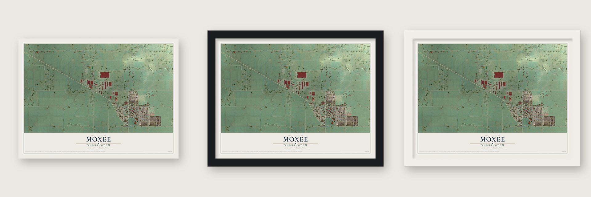 Moxee, Washington map unframed, in a black wood frame and in a white wood frame