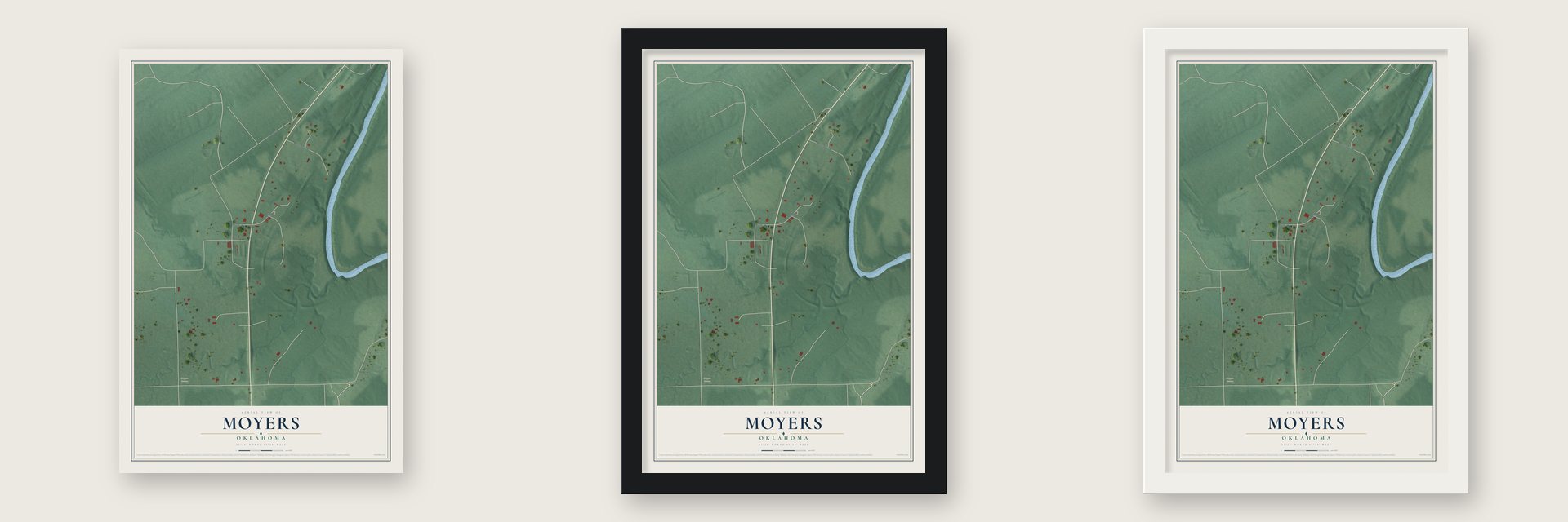 Moyers, Oklahoma map unframed, in a black wood frame and in a white wood frame