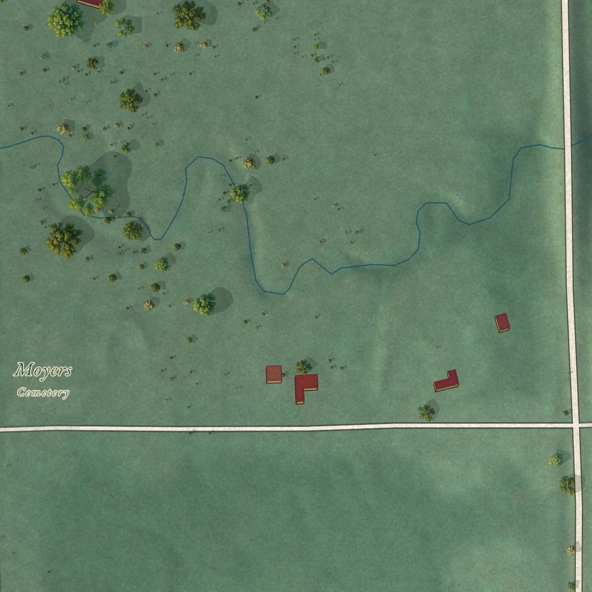 Second close-up of the map of Moyers, Oklahoma print showing more streets and buildings