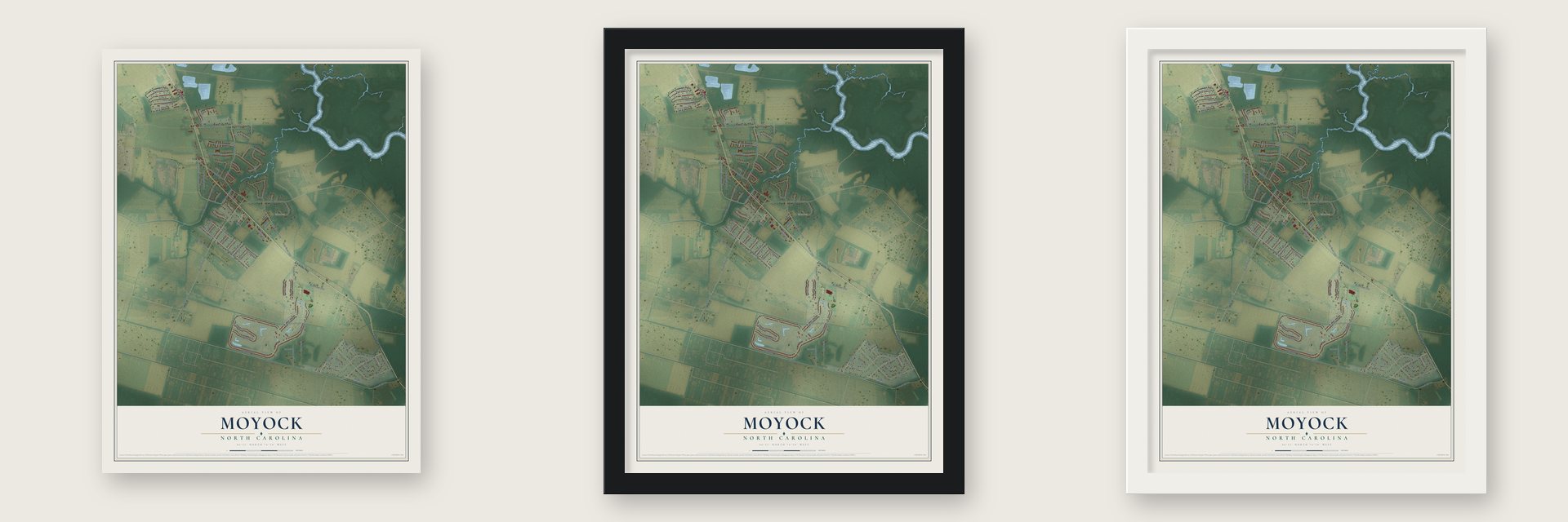 Moyock, North Carolina map unframed, in a black wood frame and in a white wood frame