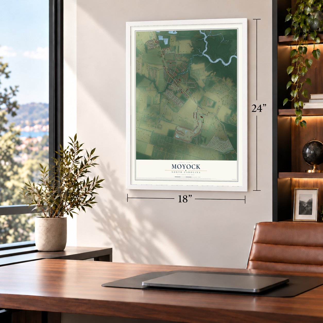Moyock, North Carolina map, 18 x 24 inch print in a white frame in a home office