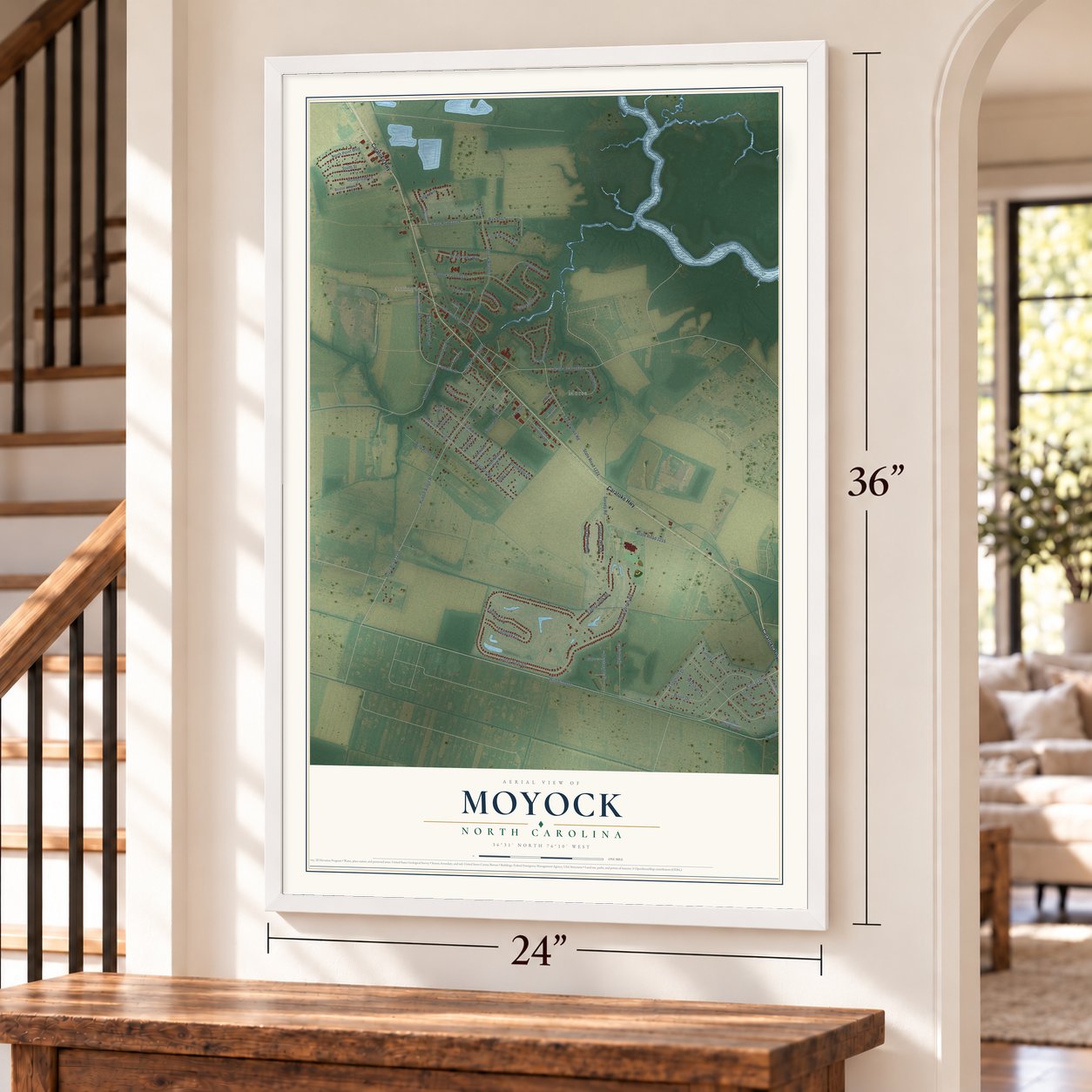 Moyock, North Carolina map, 24 x 36 inch print in a white frame by a staircase