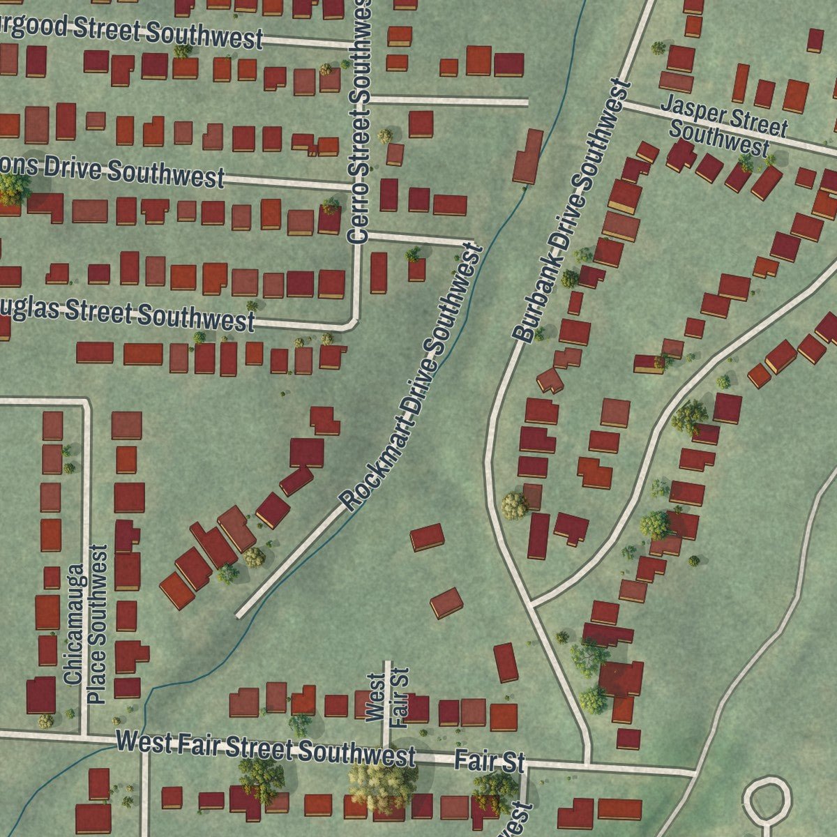 Second close-up of the map of Mozley Park, Georgia print showing more streets and buildings