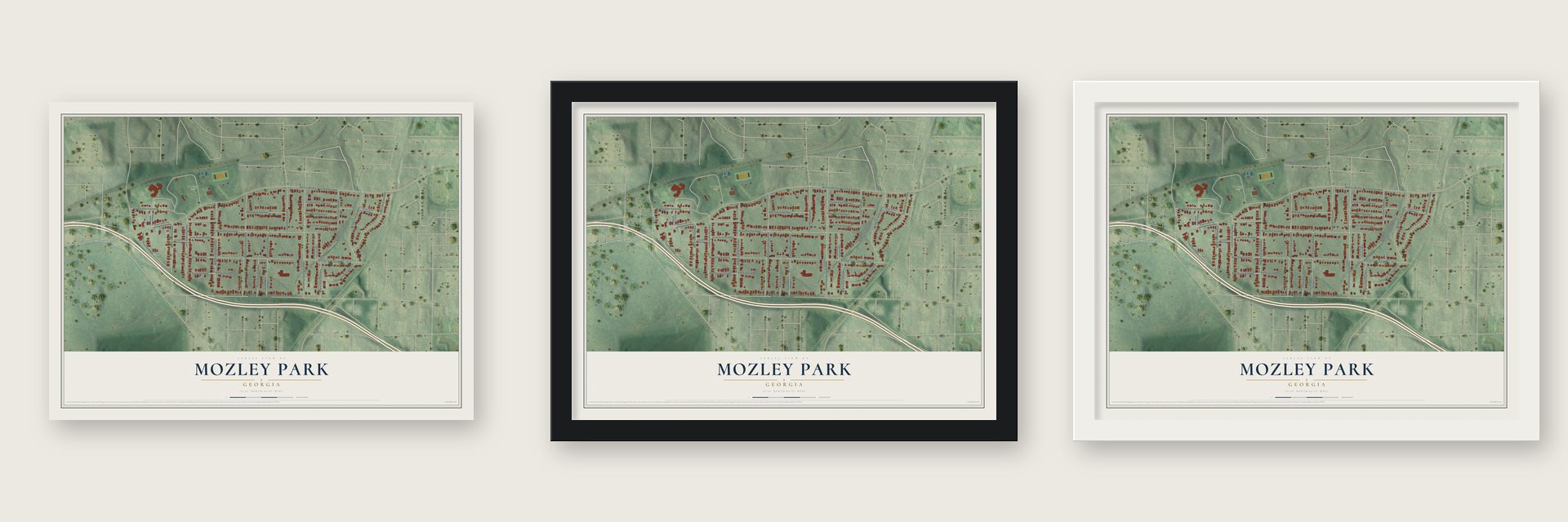 Mozley Park, Georgia map unframed, in a black wood frame and in a white wood frame