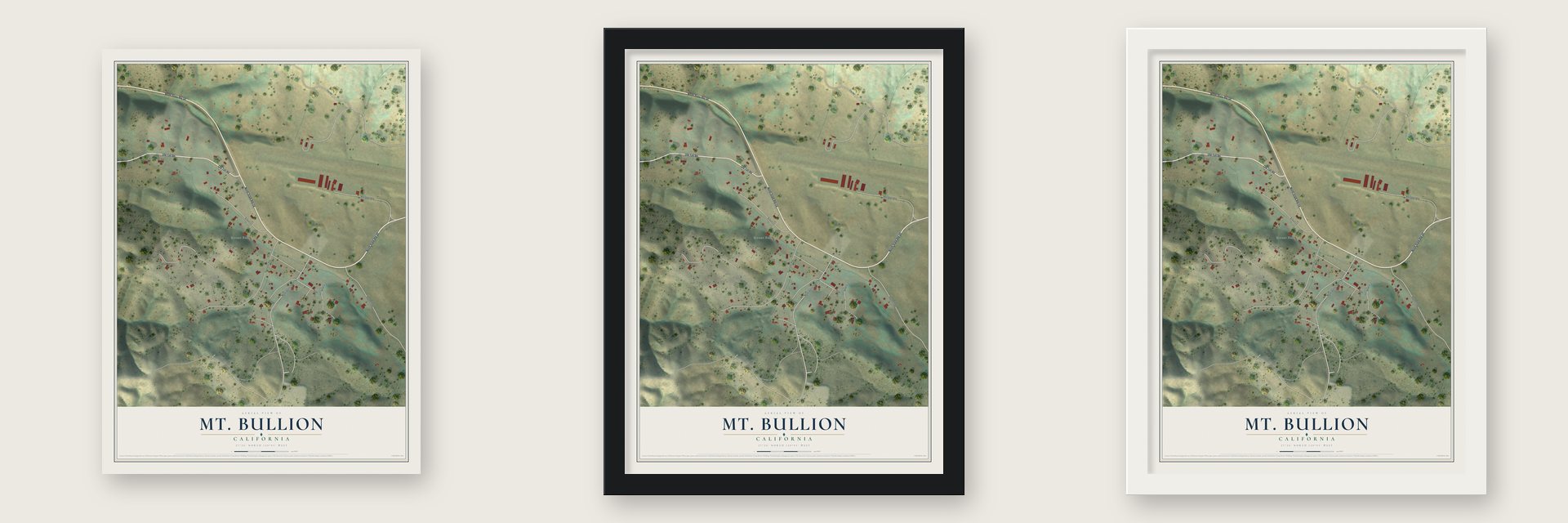 Mt. Bullion, California map unframed, in a black wood frame and in a white wood frame