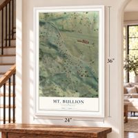 Mt. Bullion, California map, 24 x 36 inch print in a white frame by a staircase