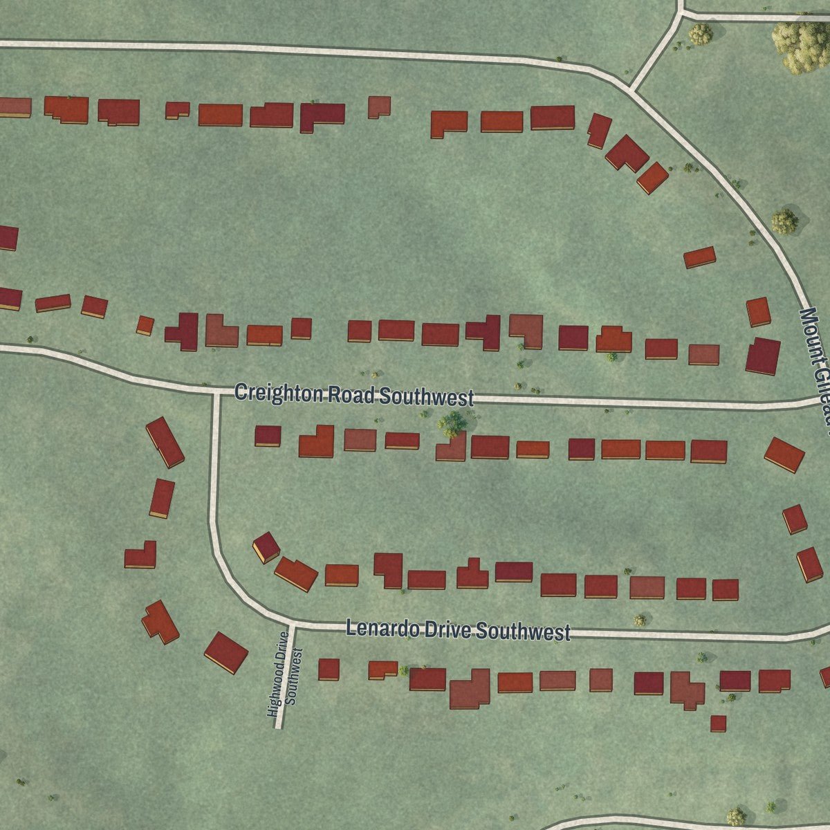 Second close-up of the map of Mt. Gilead Woods, Georgia print showing more streets and buildings