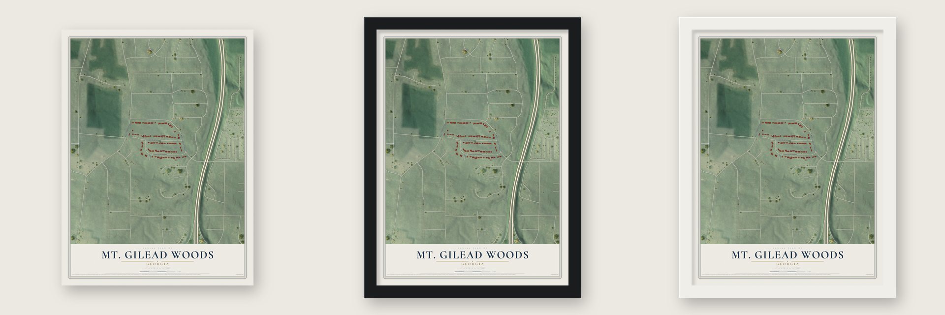 Mt. Gilead Woods, Georgia map unframed, in a black wood frame and in a white wood frame